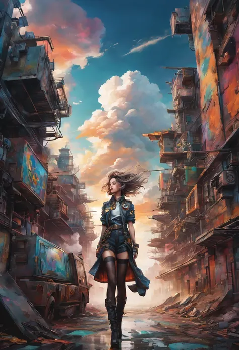 Ultra-detailed、Future retro female pilot、Steampunk clothing、adventure、cloud covered sky、Futuristic cityscape、metal surfaces、graffiti-covered walls、urban decay、Colorful street art、Windswept hair、confident posture、Emerge from the cloud，Hand drawn illustratio...