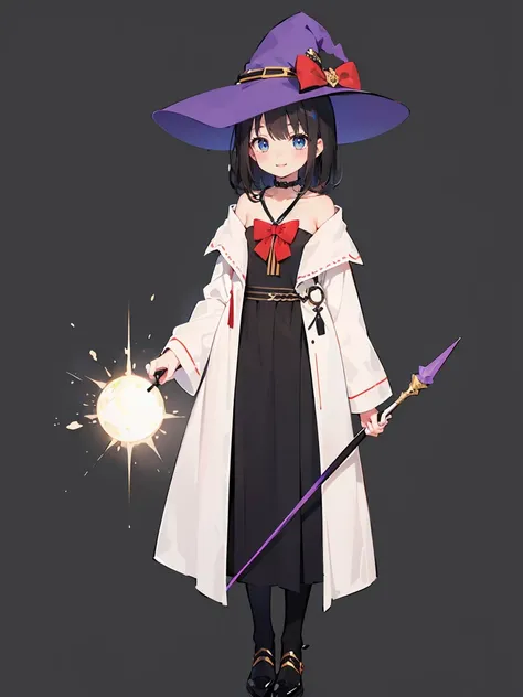 1girl, solo, looking at viewer, blush, medium hair, light black hair color, background of fantasy, wizard, magic, witch hat, standing, collarbone, full body, bowtie,