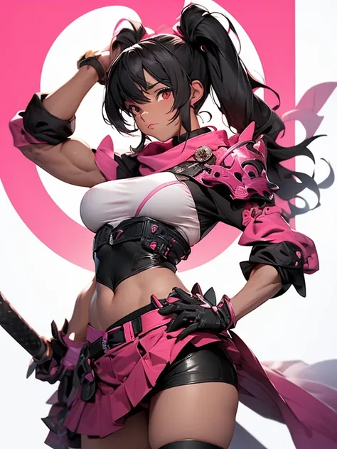 Tall (Giantess:1.1), athleic, (muscly:1.3), cute gentle magical girl with twintail black hair, pink clothes, (skirt:1.5)