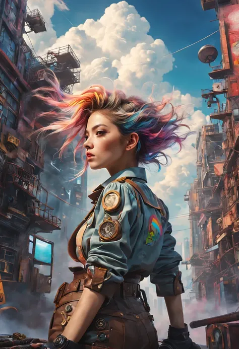 Ultra-detailed、Future retro female pilot、Steampunk clothing、adventure、cloud covered sky、Futuristic cityscape、metal surfaces、graffiti-covered walls、urban decay、Colorful street art、Windswept hair、confident posture、Emerge from the cloud，Hand drawn illustratio...