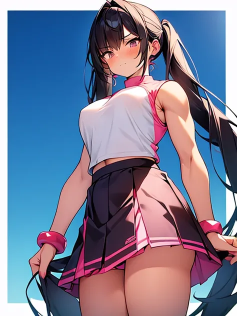 Tall (Giantess:1.3), athleic, (muscly:1.2), cute gentle magical girl with twintail black hair, pink clothes, (medium skirt:1.5)