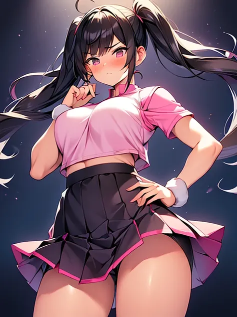 Tall (Giantess:1.3), athleic, (muscly:1.2), cute gentle magical girl with twintail black hair, pink clothes, (medium skirt:1.5)