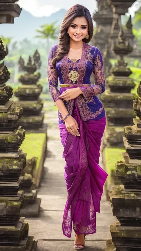 (High quality, 16K, HDR), a beautiful woman with a slender figure, (dark brown layered hairstyle), wearing a pendant, ((kebaya_bali)) outdoors, scenic beauty, lakes and mountains in distant background, details in face and skin texture beautifully rendered,...