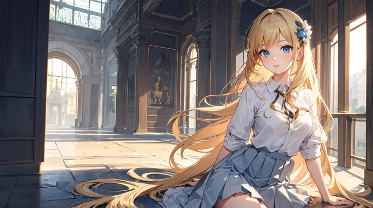 ((best quality)), ((masterpiece)), (detailed), 1 girl，blond，blue eyes，white shirt，pleated skirt