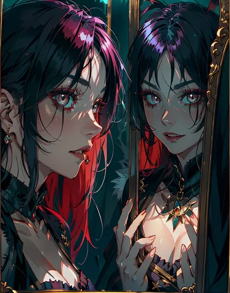 A woman gazes into the mirror, her reflection twisted into a sinister version of herself. Dark eyes gleam with malevolence, and a wicked grin reveals the hidden depths of her alter ego. The mirror reflects the duality within, a haunting juxtaposition of go...