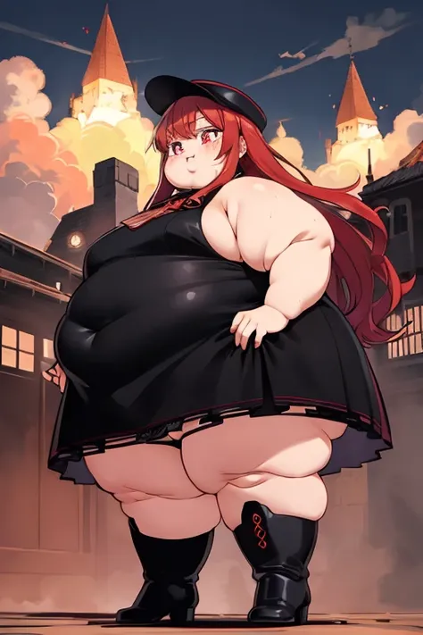 ((beste-Qualit, tmasterpiece)), a obese 1girl, red long hair with an orange tint, dark red eyes, pupils in the form of diamonds, Black otic dress with a long train, hat on his head, high boots with heels