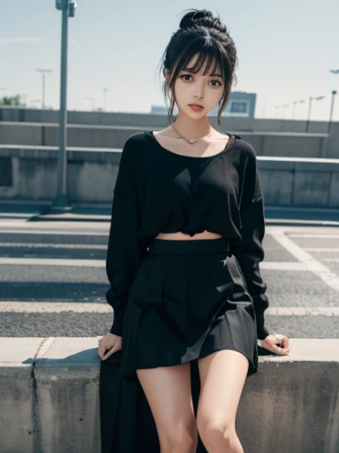 Female idol, dressed in black dancer, long black hair, flat bangs, hair tied in one knot, knee-length black skirt, female idol