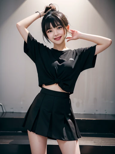 Female idol, dressed in black dancer, long black hair, flat bangs, hair tied in one knot, knee-length black skirt, female idol, smiling 