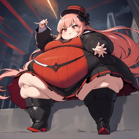 ((beste-Qualit, tmasterpiece)), a obese 1girl, red long hair with an orange tint, dark red eyes, pupils in the form of diamonds, Black otic dress with a long train, hat on his head, high boots with heels