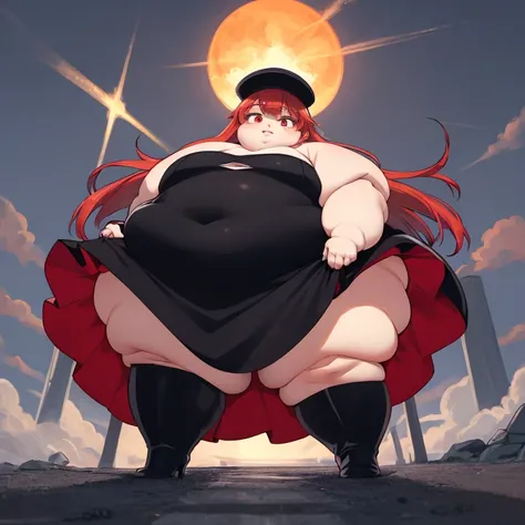 ((beste-Qualit, tmasterpiece)), a obese 1girl, red long hair with an orange tint, dark red eyes, pupils in the form of diamonds, Black otic dress with a long train, hat on his head, high boots with heels