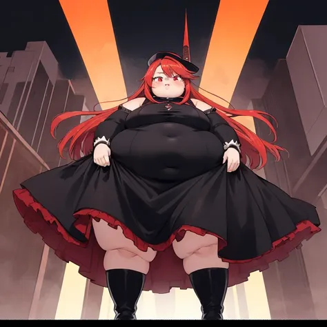 ((beste-Qualit, tmasterpiece)), a obese 1girl, red long hair with an orange tint, dark red eyes, pupils in the form of diamonds, Black otic dress with a long train, hat on his head, high boots with heels