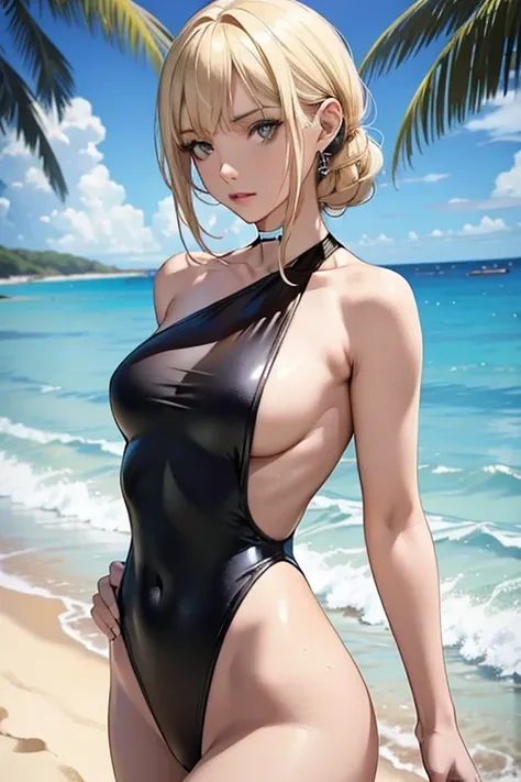 black swimsuit、One Shoulder Swimsuit,one-shoulder one-piece swimsuit,backless swimwear,blonde blue eyes,white people,A little more adult、sexy look,private beach,woman,8K,Super high grade