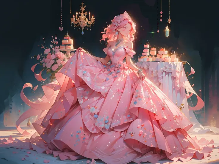 masterpiece, glowing,1 woman,  wrenchelegadome, hair ornament, jewelry, pink dress, skirt hold, detailed face, large breast, long pink hair hair, cute, sweets, cake, pink theme