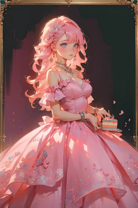 masterpiece, glowing,1 woman,  wrenchelegadome, hair ornament, jewelry, pink dress, detailed face, large breast, long pink hair hair, cute, sweets, cake, pink theme, dolls, cute pink theme