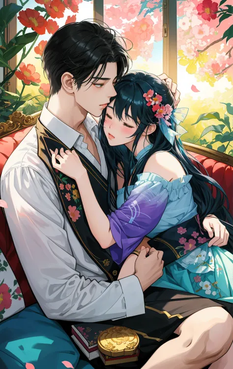 anime couple kissing on a couch with flowers in the background, kissing together cutely, artwork in the style of guweiz, sakimichan and frank franzzeta, trending on cgstation, by Yang J, lovely kiss, high quality fanart, manhwa, kissing together, lovely co...