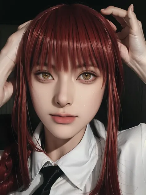 beautiful gorgeous Makima woman staring at the viewer, yellow eyes, sharp, red hair, white shirt, black tie, volumetric lightning, superdetailed