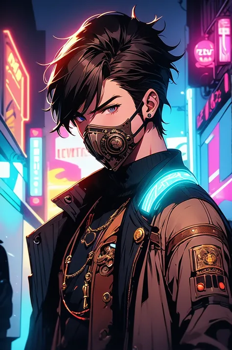 young boy wearing steampunk mask with cyberpunk background and neon impression