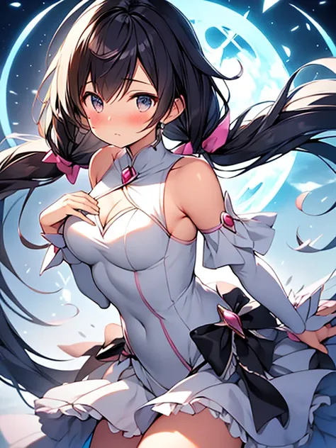 gentle toned magical girl with messy black twintail hair