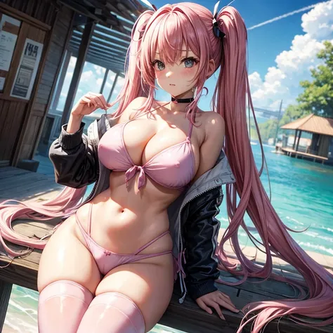 pink hair、twin tails、big breasts、tits、swimsuit、exposed、Thighhighs、Urban crossroads