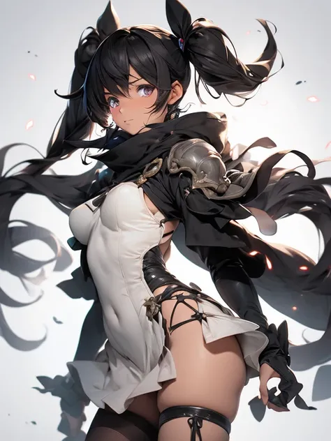 gentle toned magical girl with messy black twintail hair