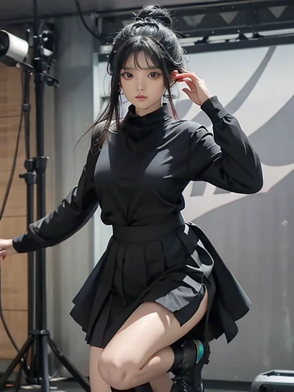 Female idol, dressed in black dancer, long black hair, flat bangs, hair tied in one knot, knee-length black skirt, female idol