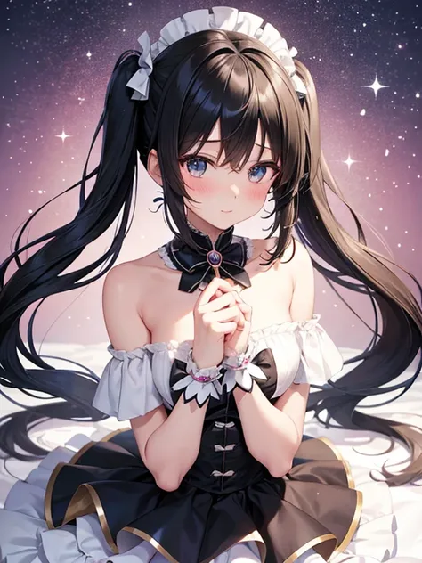 gentle toned magical girl with messy black twintail hair