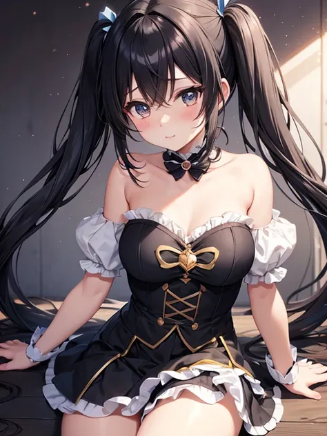 gentle toned magical girl with messy black twintail hair