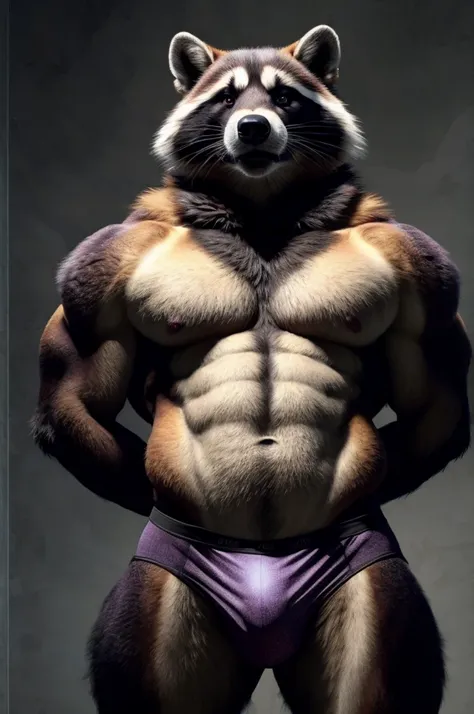 a furry male anthro Raccoon standing with his hands behind his back. He is wearing underwear and is depicted in a simple background. The artwork should be in a front view perspective. The image should be of the best quality, with ultra-detailed features an...