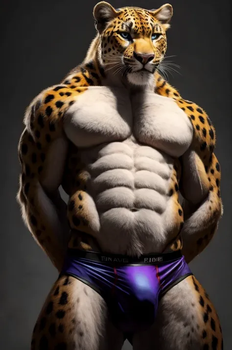 a furry male anthro Leopard standing with his hands behind his back. He is wearing underwear and is depicted in a simple background. The artwork should be in a front view perspective. The image should be of the best quality, with ultra-detailed features an...