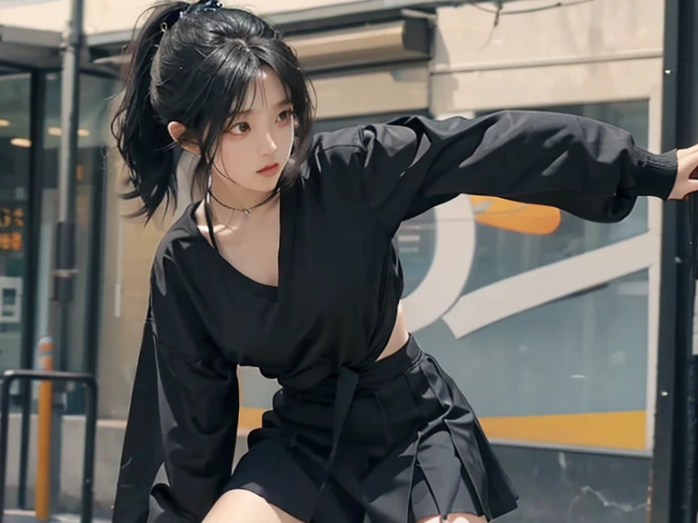 Female idol, dressed in black dancer, long black hair, flat bangs, hair tied in one knot, knee-length black skirt, female idol