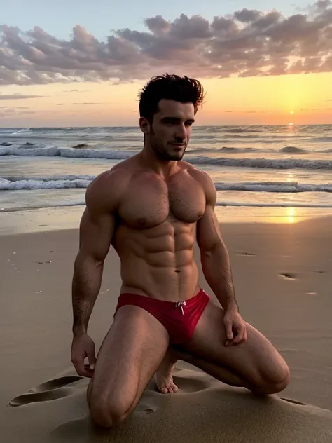 Shirtless, Malik Delgati in a red bathing suit, on his knees on the beach at sunset.