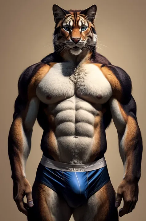 a furry male anthro Cat standing with his hands behind his back. He is wearing underwear and is depicted in a simple background. The artwork should be in a front view perspective. The image should be of the best quality, with ultra-detailed features and a ...