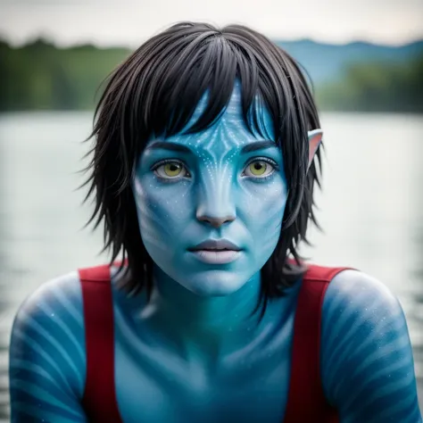 avtr:1.1, avatar style, portrait:1.6, 1girl, female, (blue skin tone:1.0), (short hair:1.0), one pair of pointy ears:1, pixie cu...