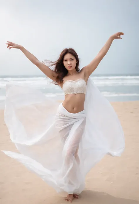 super wide angle shot, an Indonesian woman, super beautiful, 20 years old, she is wearing a white cloth, a long brown cloth with batik motif, dancing using a large red cloth property, sweating, the background is the beach, body is perfectly proportioned, s...