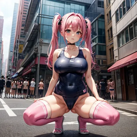 pink hair、twin tails、big breasts、tits、swimsuit、exposed、Slut、Thighhighs、squatting position、spread legs、city、In town、bustling street