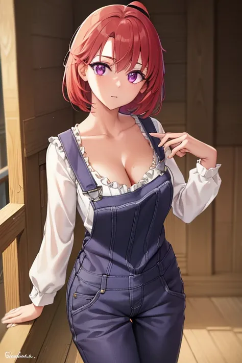 Cowgirl, Cow Maiden, Ahoge, redhead, (purple eyes:1.1), short hair,
break cleavage, clavicle, frills, long sleeve, overalls, suspenders,,
break looking at viewer, whole body, Upper body, (cowboy shot:1.5),
break outdoors, farm,
break (masterpiece:1.2), hig...