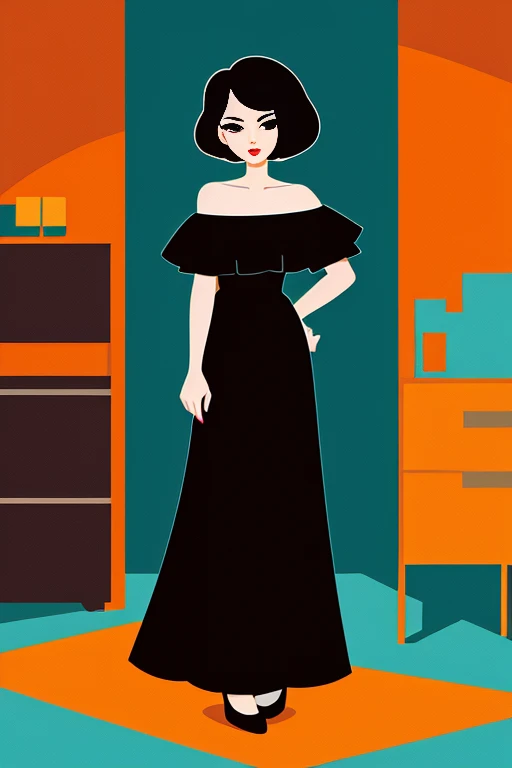 Vector art, flat-colors, pop-art, A Female with short black hair, bob cut, black eyes, Red lips, flamenco dress, orange ruffle off the shoulder top, black maxi skirt, bare shoulders, standing in a indoor room in style of digital illustration, Illustration ...