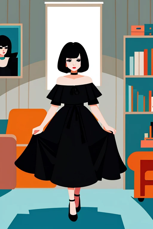 Vector art, flat-colors, pop-art, A Female with short black hair, bob cut, black eyes, Red lips, flamenco dress, orange ruffle off the shoulder top, black maxi skirt, bare shoulders, standing in a indoor room in style of digital illustration, Illustration ...