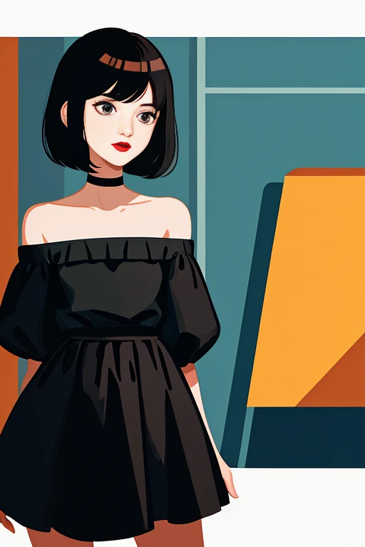 A Female with short black hair, bob cut, black eyes, Red lips, flamenco dress, orange ruffle off the shoulder top, black maxi skirt, bare shoulders, standing in a indoor room in style of digital illustration, Illustration style, 2D illustration, 2 d illust...