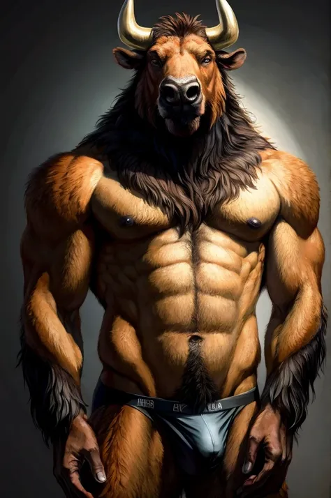 a furry male anthro Bison standing with his hands behind his back. He is wearing underwear and is depicted in a simple background. The artwork should be in a front view perspective. The image should be of the best quality, with ultra-detailed features and ...