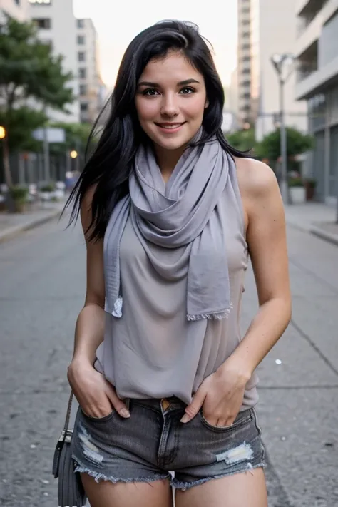 beautiful young white woman , black hair , smiling , wearing gray scarf , wearing shorts , wearing gray top , realistic , Porta 160 color, shot on ARRI ALEXA 65, bokeh, sharp focus on subject, shot by Don McCullin