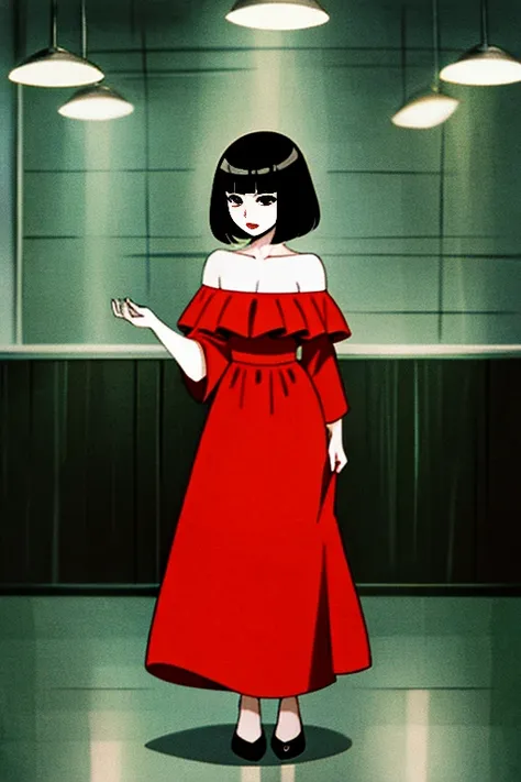 A Female with short black hair, bob cut, black eyes, Red lips, flamenco dress, orange ruffle off the shoulder top, black maxi skirt, bare shoulders, standing in a indoor room in style of digital illustration, anime style