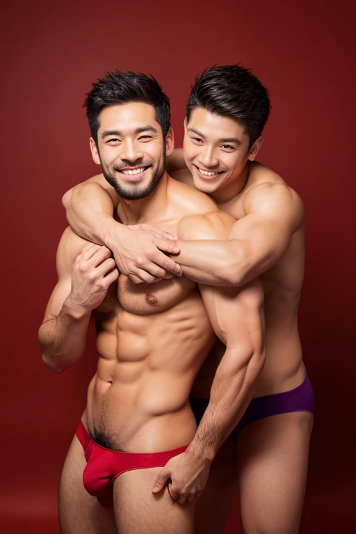 two men hugging each other、30 years old、male、Japanese、very handsome、Brave face、smile、full-naked、abs、Pectoral muscle、thick legs、raise your arms、open legs、spread legs、body hair、night、studio photography、background deep red