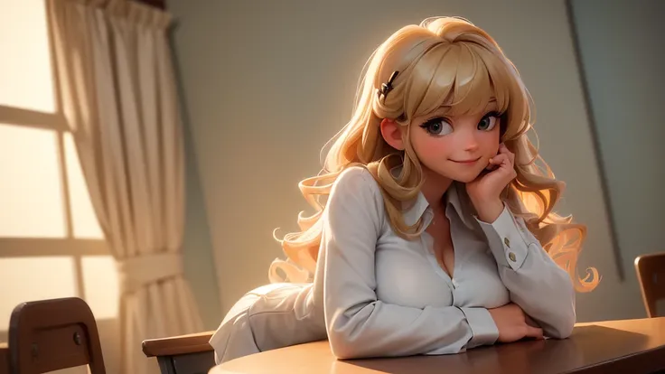 (((masterpiece))), (((best quality))), ((ultra-detailed)), (highly detailed CG illustration), ((an extremely delicate and beautiful)),(cute delicate face),cinematic light, cowboy shot, horror, woman, long blonde hair, curly, swept bangs, huge breasts, scho...