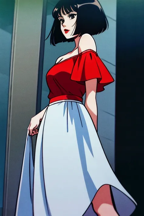 A Female with short black hair, bob cut, black eyes, Red lips, flamenco dress, orange ruffle off the shoulder top, black maxi skirt, bare shoulders, standing in a indoor room in style of digital illustration, anime, 1 girl, solo, close up