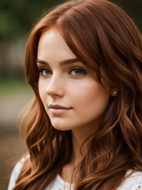 detailed portrait of a beautiful girl with wavy copper hair