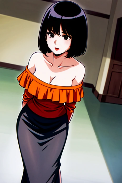 A Female with short black hair, bob cut, black eyes, Red lips, flamenco dress, orange ruffle off the shoulder top, black maxi skirt, bare shoulders, standing in a indoor room in style of digital illustration, anime, 1 girl, solo, close up