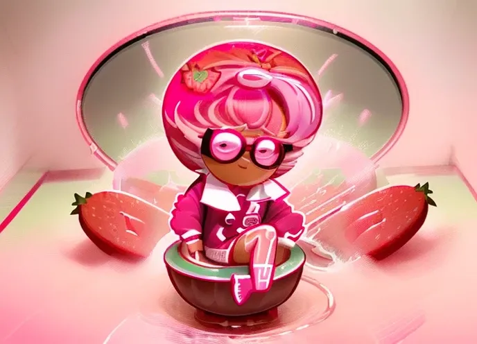 Strawberry Shortcake Cookie sit on Toilet in Bathroom Hell, pink hair, short hair, bowl cut, hair one side up, Dark Pink Eyewear, Light Red Tracksuit, Surrealism, Artist: Travis Pyo William, 8k