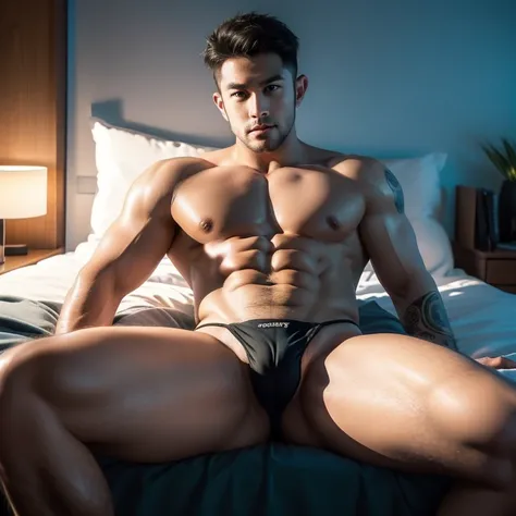 Hot,musculous,(((very thigh micro string Thong)))，legs are open，show off big bulge.，Tattooed with_Both sides， Tattooed with_Show on the_his_the face ， handsome , hunk , (cocked buttock) , Watching Viewers True 4K light and shadow , sit on bed , leg spread ...