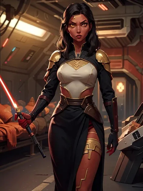 ((Masterpiece)), ((best quality)), ultra detailed,  ((red skin:1.3)), 1woman, (wearing armor over dark robes, black hair, golden eyes, slender body, thin, slim body, slim waist, medium breasts), Star Wars, imperial starship, cinematic lighting , sci-fi cit...